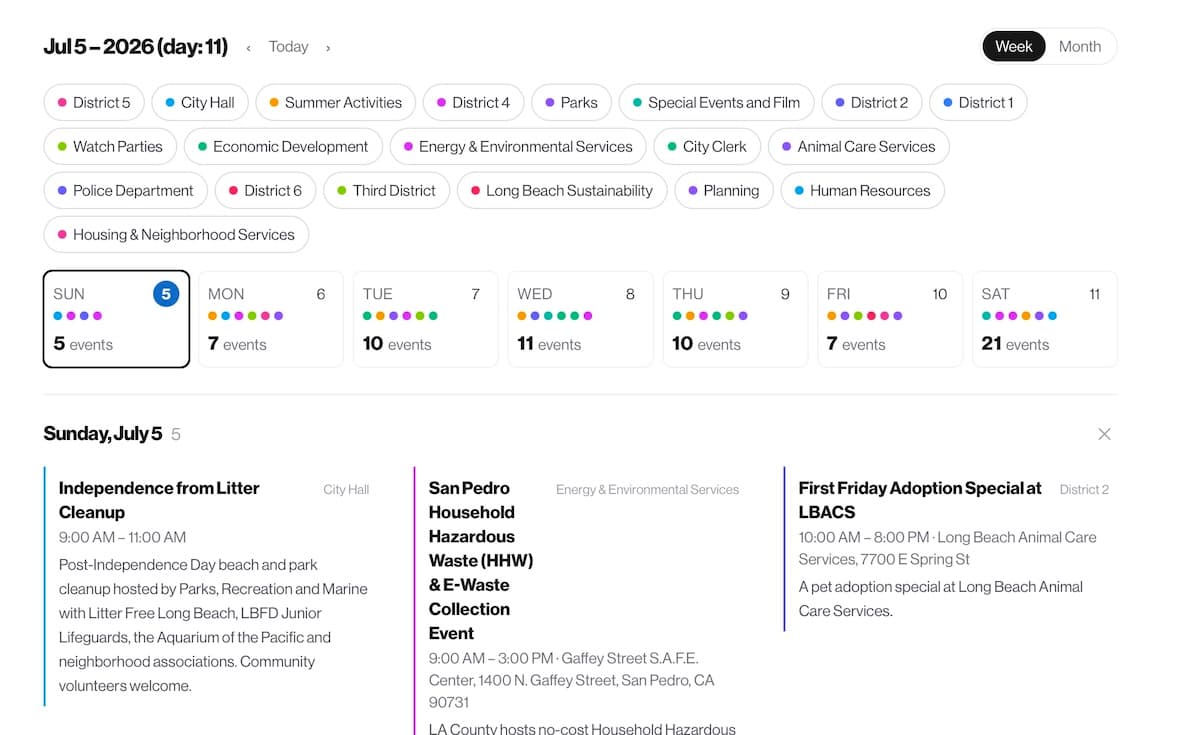 Aggregator events calendar with a week view and daily listings