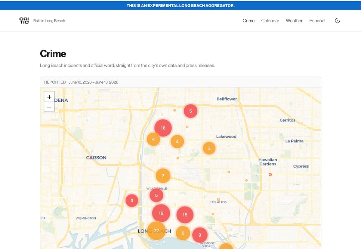 Aggregator crime map showing reported incidents across the city