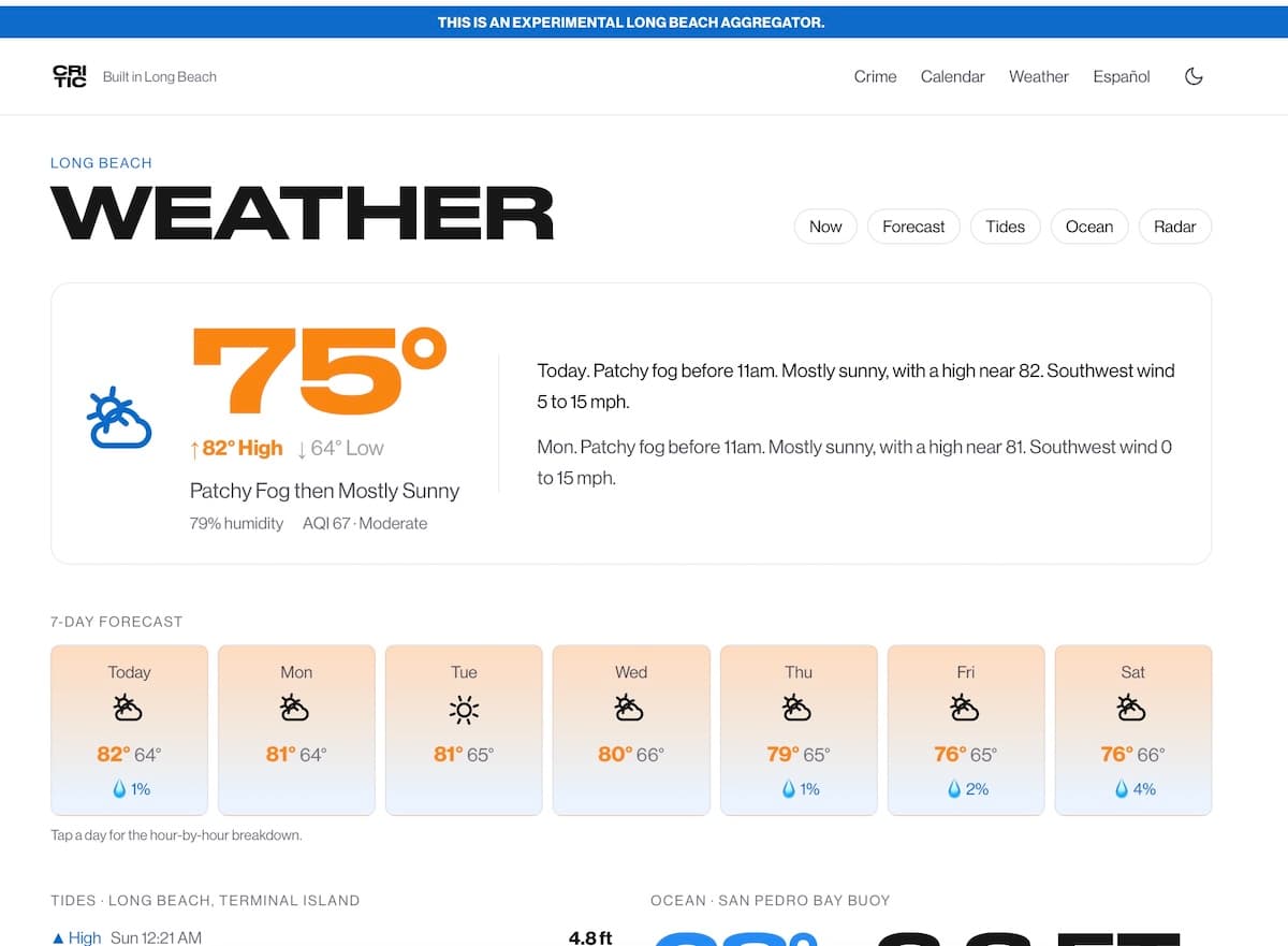 Aggregator weather page with current conditions and 7-day forecast